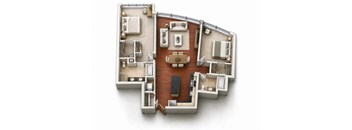 A 3D floor plan of a house with multiple rooms and a kitchen.