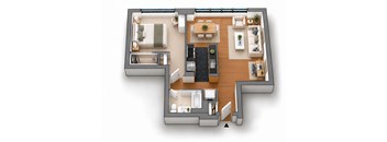 A top-down view of a modern apartment layout.