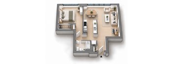 A 3D floor plan of a house with a kitchen, living room, dining room, and bathrooms.