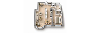 A top-down view of a modern apartment layout with a living room, dining area, kitchen, and bedrooms.