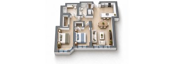 A 3D floor plan of a house with multiple rooms and furniture.