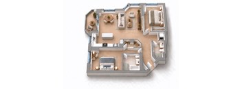 A top-down view of a house layout with multiple rooms and furniture.