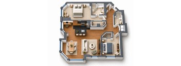 A top-down view of a house layout with a living room, kitchen, dining area, and bedrooms.
