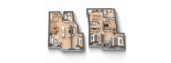 Two images of a house layout with a kitchen, living room, and bathrooms.
