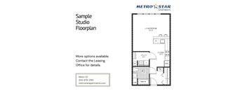 A Metro Star Apartments floor plan for a studio apartment is displayed.