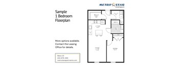 A floor plan for a one bedroom apartment from Metro Star Apartments.