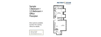 A floor plan for a one bedroom apartment with office space is shown.
