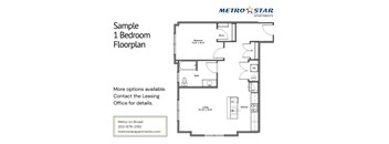 A floor plan for a one bedroom apartment is shown for Metro Star Apartments.