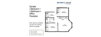 A floor plan for a 2 bedroom, 1 bathroom apartment with an office space is shown.
