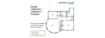 A floor plan for a 2 bedroom plus 1 bathroom apartment from Metro Star Apartments.