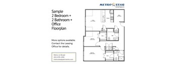 A floor plan for a 2 bedroom plus 2 bathroom plus office apartment is shown.