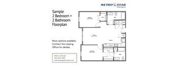 A floor plan for a 2 bedroom plus 2 bathroom apartment from Metro Star Apartments.