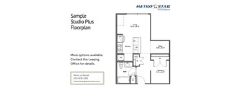 A floor plan for a studio apartment with a kitchen, living room, office, and bathroom.