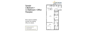 A floor plan for a 1 bedroom plus 1.5 bathroom plus office apartment from Star Deluxe Apartments.