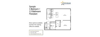 A floor plan for a 1 bedroom plus 1.5 bathroom apartment from Star Deluxe Apartments.
