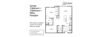A floor plan for a 1 bedroom, 2 bathroom apartment from Star Deluxe Apartments.
