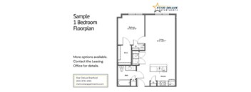 A floor plan for a 1 bedroom apartment is shown for Star Deluxe Apartments.