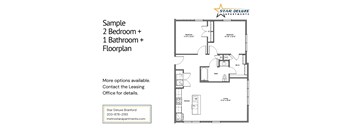 A floor plan for a 2 bedroom plus 1 bathroom apartment is shown.