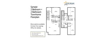 A floor plan for a 2 bedroom, 2 bathroom townhome from Star Deluxe Apartments.