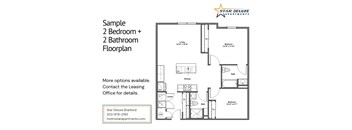 A floor plan for a 2 bedroom plus 2 bathroom apartment from Star Deluxe Apartments.