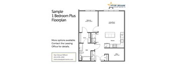 A floor plan for a 1 Bedroom Plus apartment is shown with dimensions and additional information.