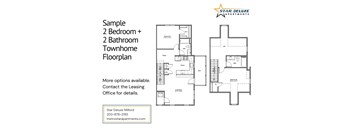 A floor plan for a 2 bedroom, 2 bathroom townhome is shown.