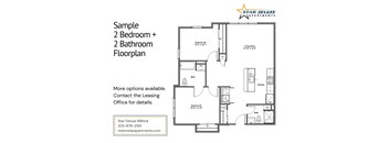 A floor plan for a 2 bedroom plus 2 bathroom apartment from Star Deluxe Apartments.