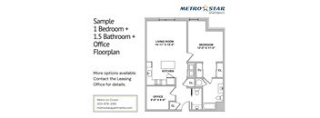 A floor plan for a 1 bedroom apartment with Metro Star Apartments.