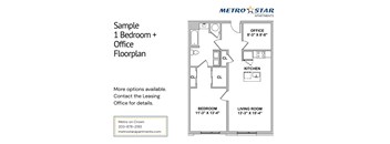 A floor plan for a 1 bedroom plus office apartment from Metro Star Apartments.