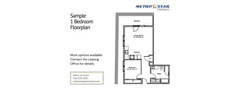 A floor plan for a one bedroom apartment from Metro Star Apartments.