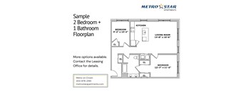 A floor plan for a 2 bedroom plus 1 bathroom apartment from Metro Star Apartments.