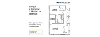 A floor plan for a 2 bedroom, 1.5 bathroom apartment from Metro Star Apartments.