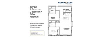 A floor plan for a 2 bedroom, 2 bathroom apartment from Metro Star Apartments.