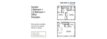 A floor plan for a 2 bedroom, 2.5 bathroom apartment with an office is shown.