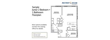 A floor plan for a junior 2 bedroom apartment with one bathroom.