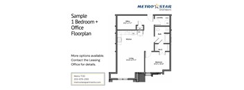 A floor plan for a 1 bedroom plus office apartment is shown.