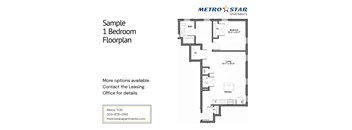A floor plan for a one bedroom apartment is shown for Metro Star Apartments.