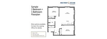 A floor plan for a 2 bedroom plus 1 bathroom apartment from Metro Star Apartments.
