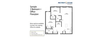 A floor plan for a 2 bedroom plus office apartment from Metro Star Apartments.