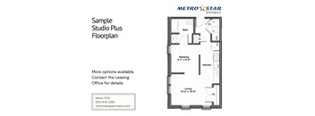 A floor plan for a studio apartment with a living area, kitchen, and bathroom.