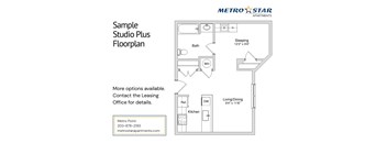 A floor plan for a studio apartment with a kitchen and living area.