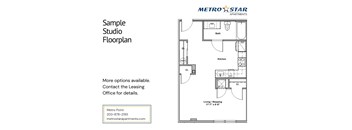 A Metro Star Apartments floor plan for a Studio apartment with a bath, kitchen, and living/sleeping area.