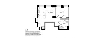 D2- One Bedroom Floor Plan at The Stott, Detroit, Michigan.