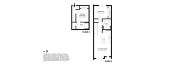 A floor plan of a two-story apartment with dimensions of each room.