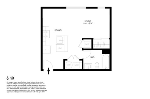A floor plan of a studio apartment with a kitchen, bath, and studio space.
