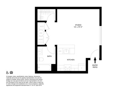 A floor plan of a studio apartment with a kitchen, bath, and entry patio.