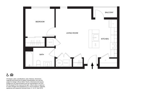 A black and white image of a floor plan for a home with a balcony, bedroom, living room, kitchen, bath, and laundry area.