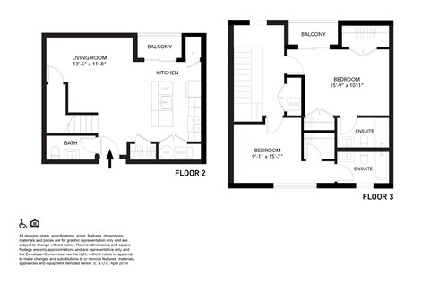 A black and white image of a floor plan for a home with two bedrooms, a living room, a kitchen, and two bathrooms.