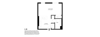 A floor plan of a small apartment with a living room, kitchen, and bathroom.