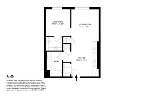 A floor plan of a house with a bedroom, living room, kitchen, and bathroom.